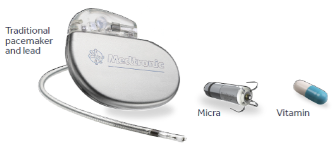 Figure 1.  Image of conventional transvenous pacemaker system compared to the new MICRA leadless pacemaker system